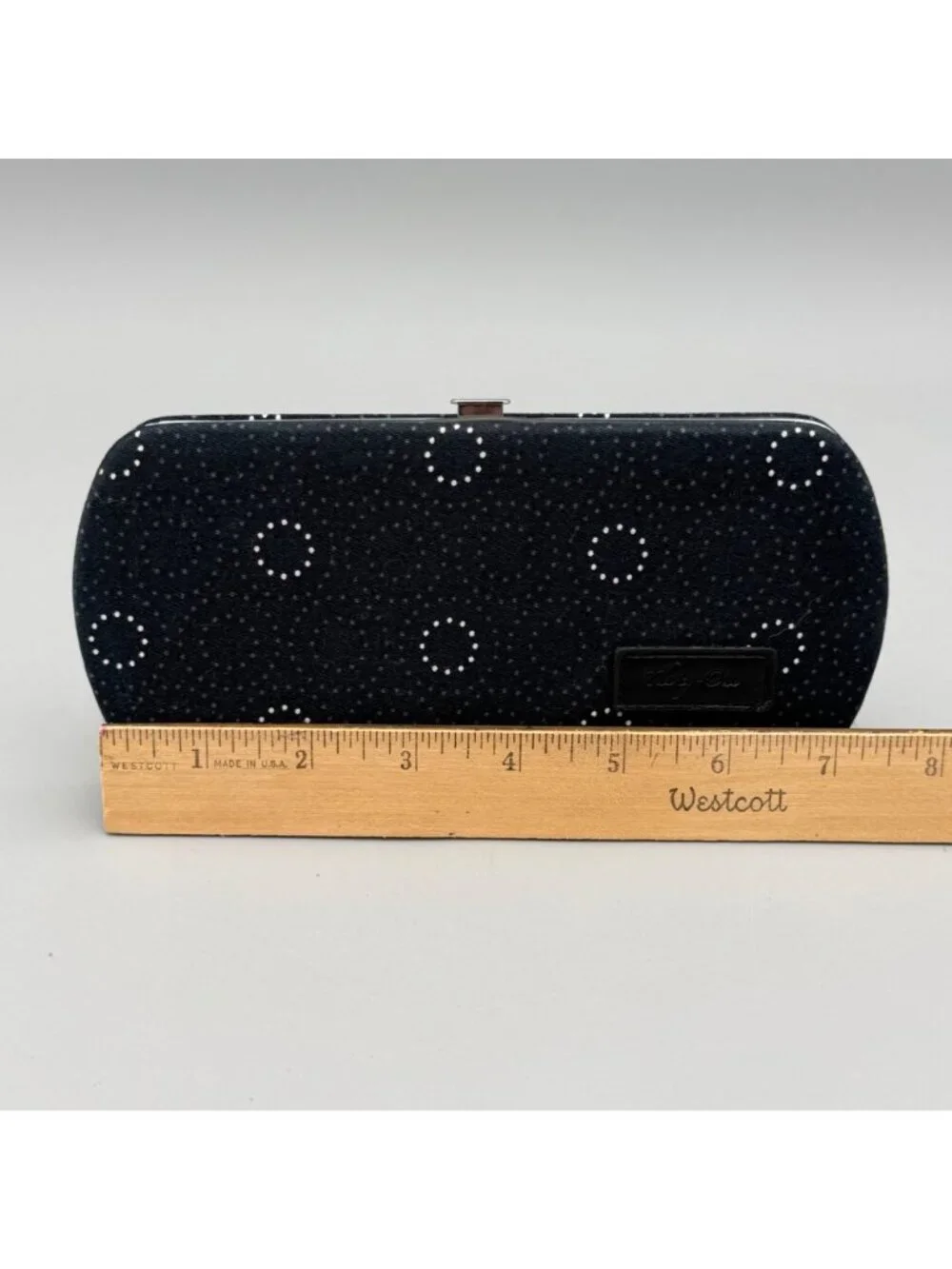 Thirty-One Black Hard Case Wallet White Dot Circle Design Snap Closure Clutch